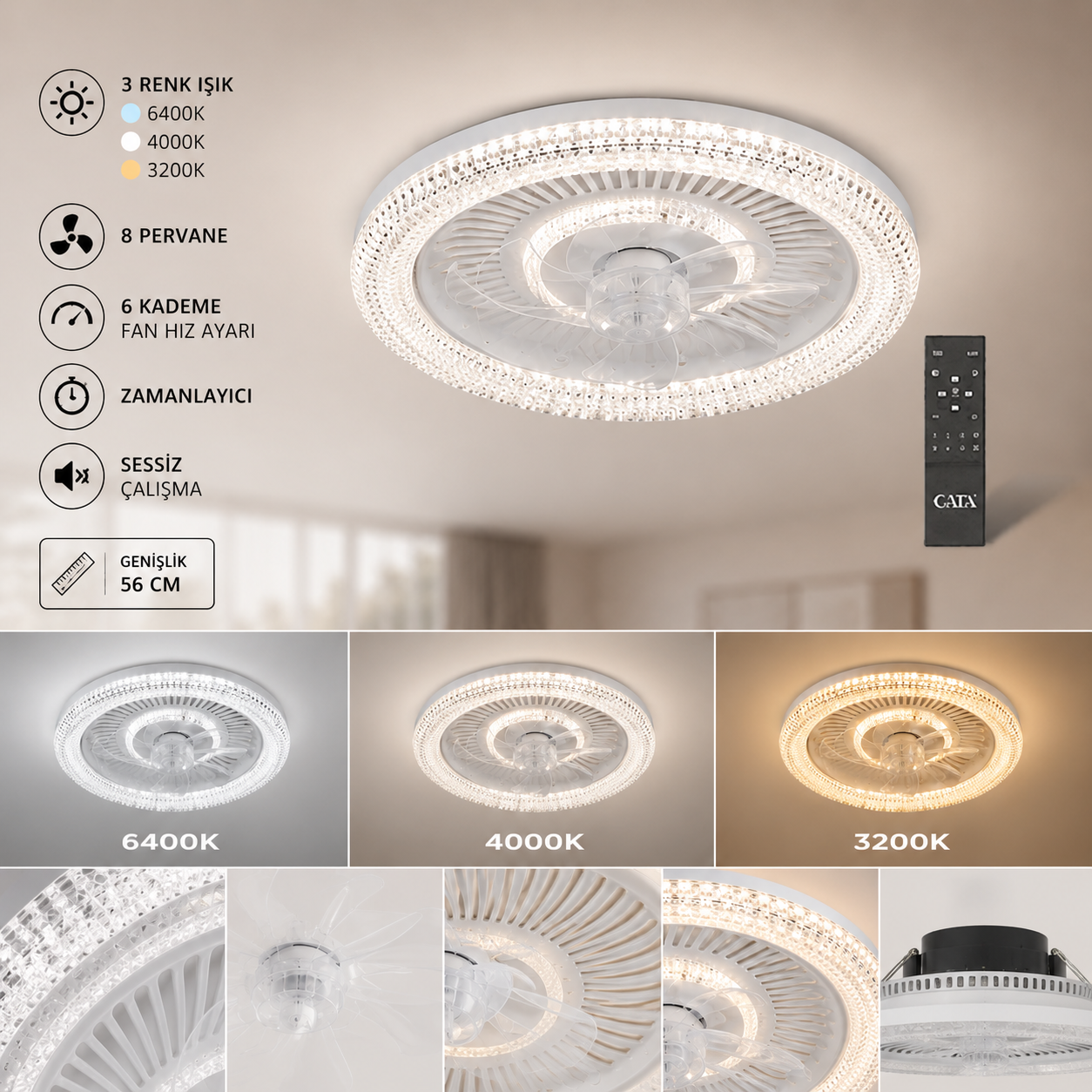 Cata Kristal LED Tavan Vantilatörü 56 CM – Kumandalı Sessiz 6 Kademeli Fan