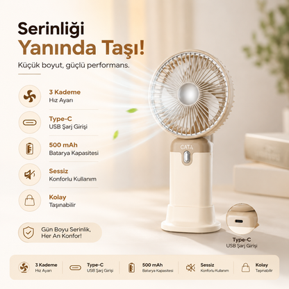 Cata Şarjlı Mini El Vantilatörü – Type-C USB Taşınabilir Sessiz Fan
