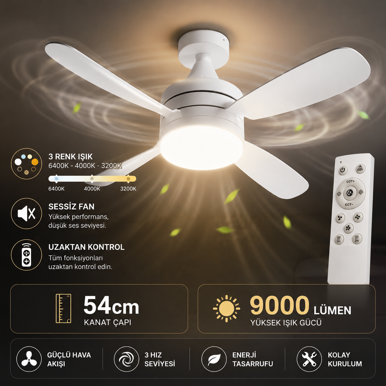 Kumandalı LED Tavan Vantilatörü 54 CM – 9000 Lümen 3 Renk Işıklı Sessiz Tavan Fanı