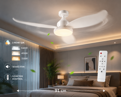 91 CM Kumandalı LED Tavan Vantilatörü – Sessiz 3 Hızlı Modern Tavan Fanı