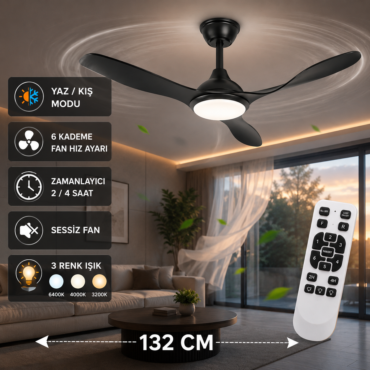 132 CM Kumandalı LED Tavan Vantilatörü – Sessiz 6 Kademeli Modern Tavan Fanı Siyah