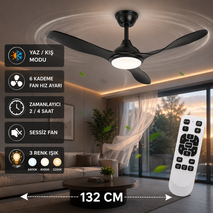 132 CM Kumandalı LED Tavan Vantilatörü – Sessiz 6 Kademeli Modern Tavan Fanı Siyah