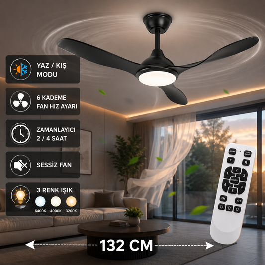 132 CM Kumandalı LED Tavan Vantilatörü – Sessiz 6 Kademeli Modern Tavan Fanı Siyah