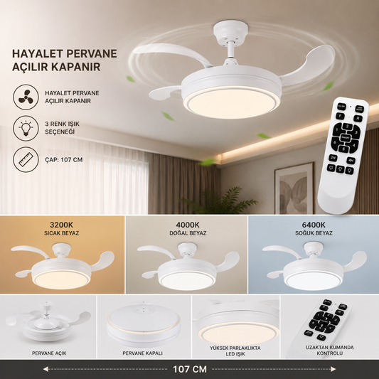 107 CM Katlanabilir LED Tavan Vantilatörü – Kumandalı Sessiz Açılır Kapanır Fan