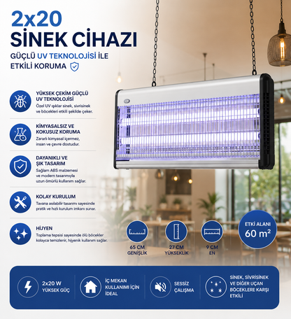 2x20W Profesyonel UV Sinek Öldürücü Cihaz – Sessiz Elektrikli Sivrisinek ve Böcek Kovucu